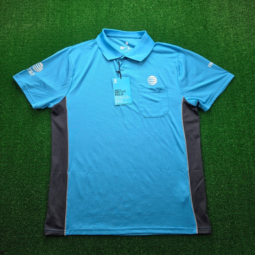 AT&T Employee Dry Fit Polo Shirt Mens Large Blue Short Sleeve Uniform Work NWT